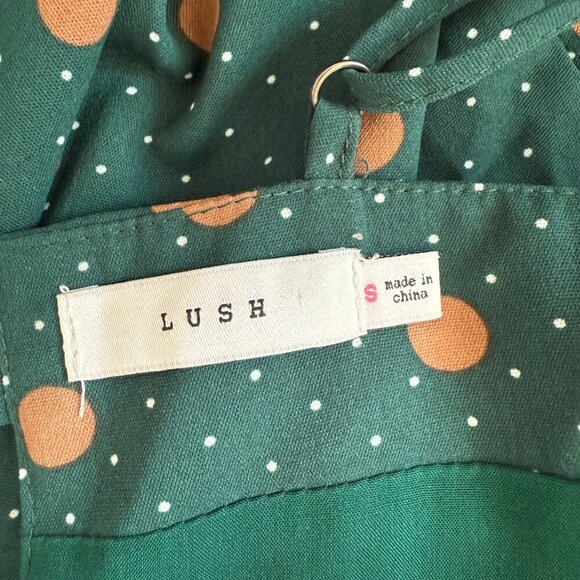 Lush | Midi Green Gold Polka Dot Tie Front Dress Size S - Picture 5 of 7
